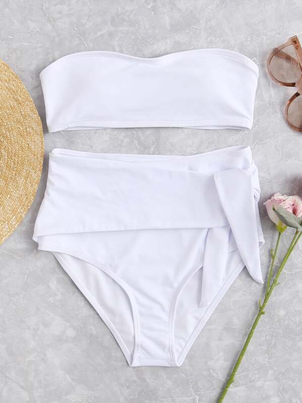 

Bandeau With Self Tie High Waist Bikini Set, White