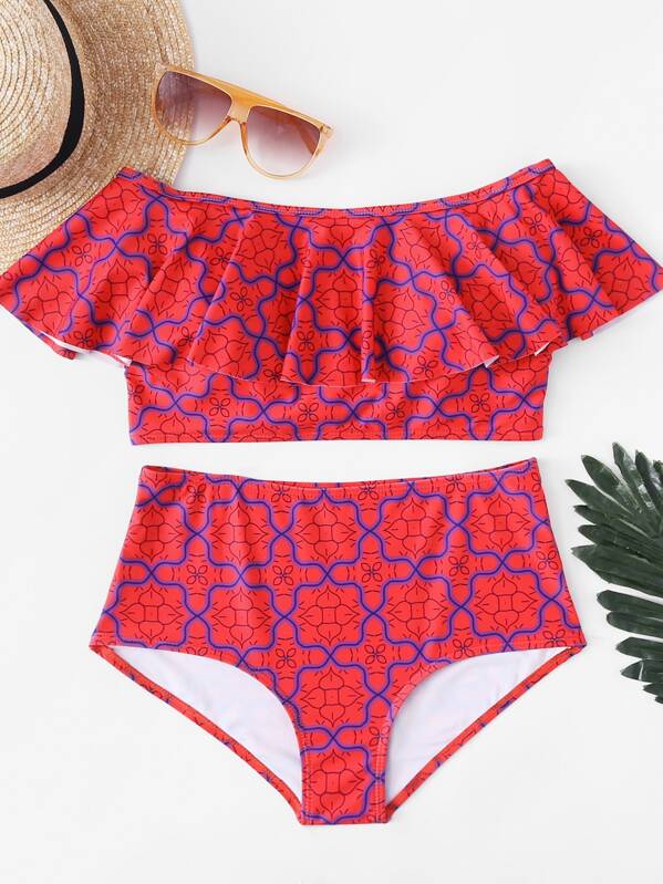 

Geometric Pattern Flounce Top With High Waist Bikini Set, Red
