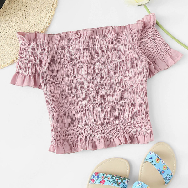 

Frill Trim Off Shoulder Shirred Crop Top
