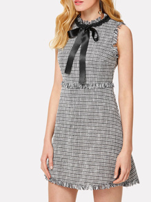 Tie Neck Fringe Detail Tweed Dress