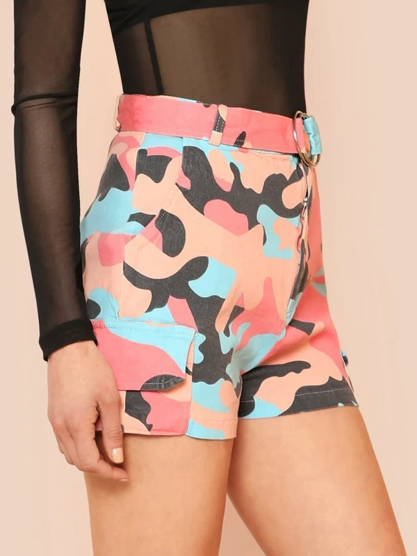 high rise belted camo print shorts