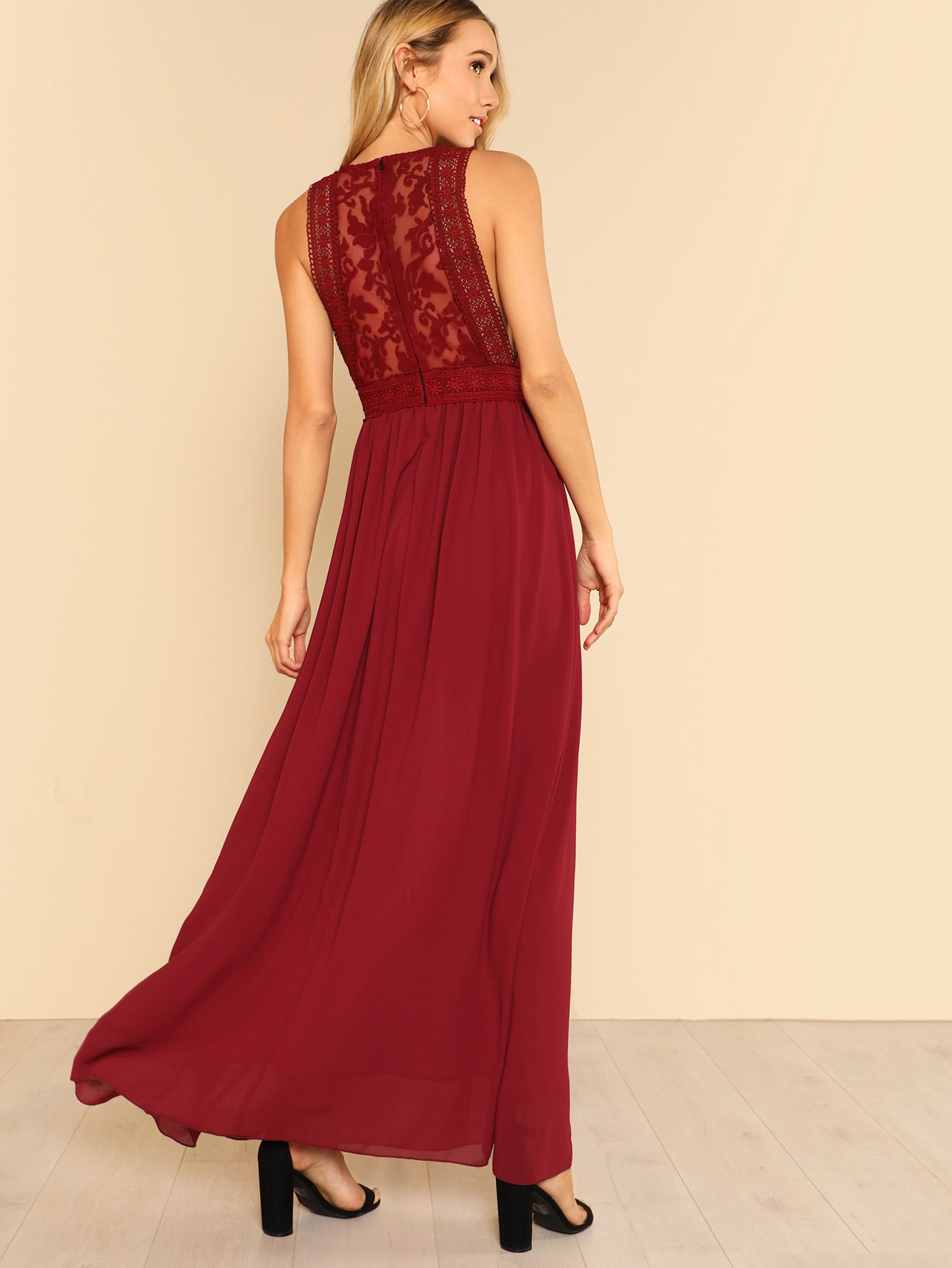 mesh panel flowy dress -shein(sheinside)