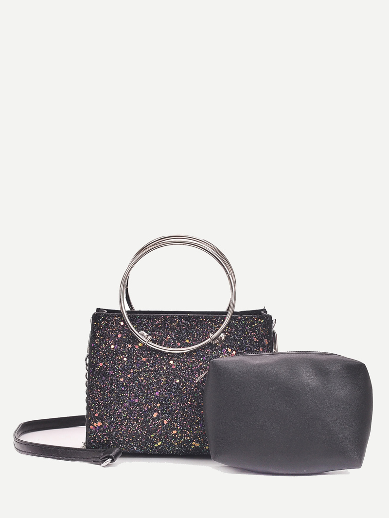 

Ring Handle Glitter Shoulder Bag With Clutch, Black
