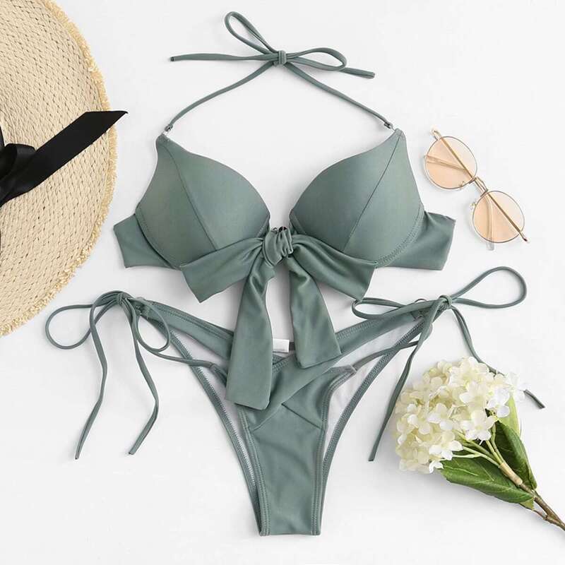 

Crossover Bow Tie Bikini Set, Green