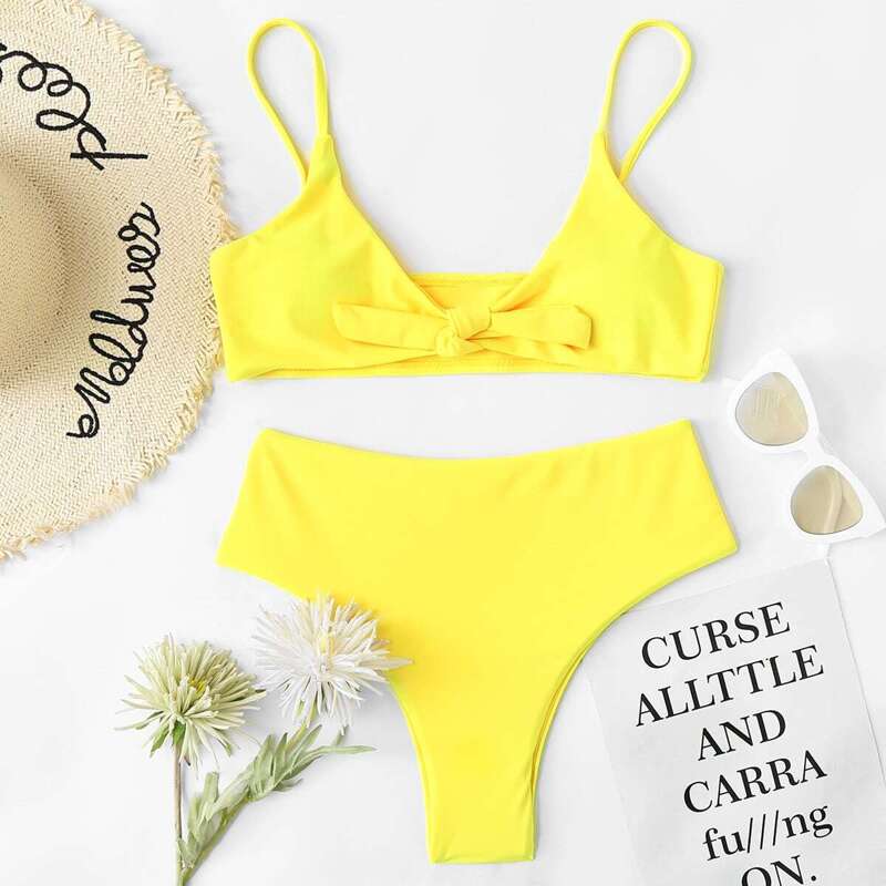 

Knot Front Top With High Waist Bikini Set, Yellow