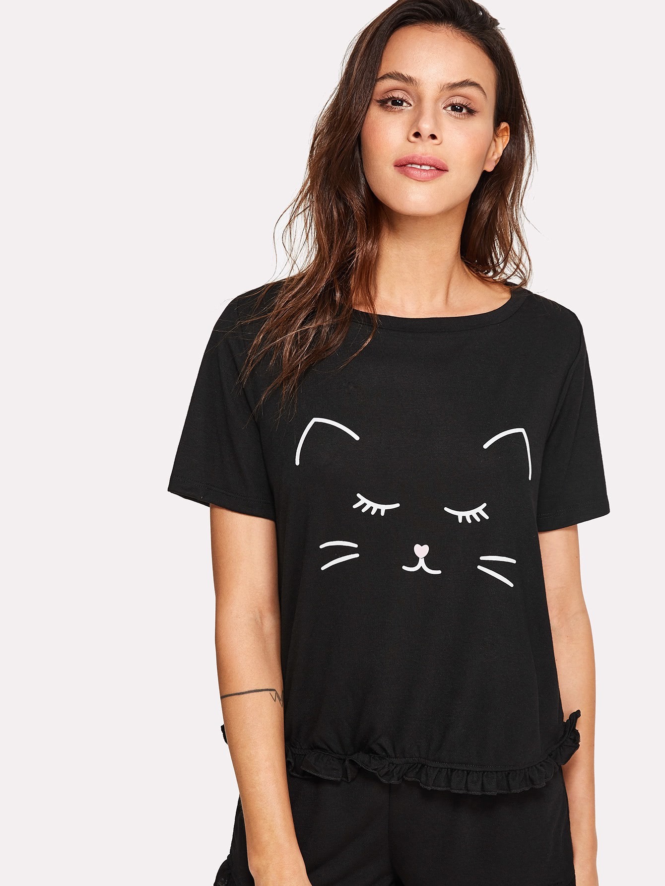 loungewear black black animal cartoon round neck preppy ruffle