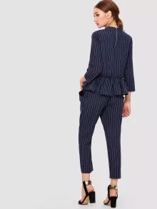 Pinstripe Ruffle Hem Top And Pants - Navy Blue - View 2