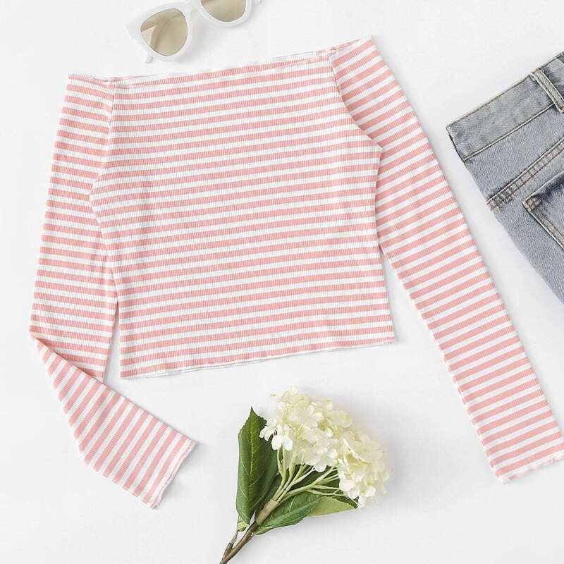

Stripped Off Shoulder Crop Tee, Pink
