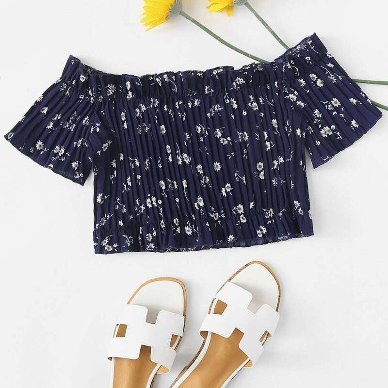 

Off Shoulder Pleated Floral Print Top, Navy