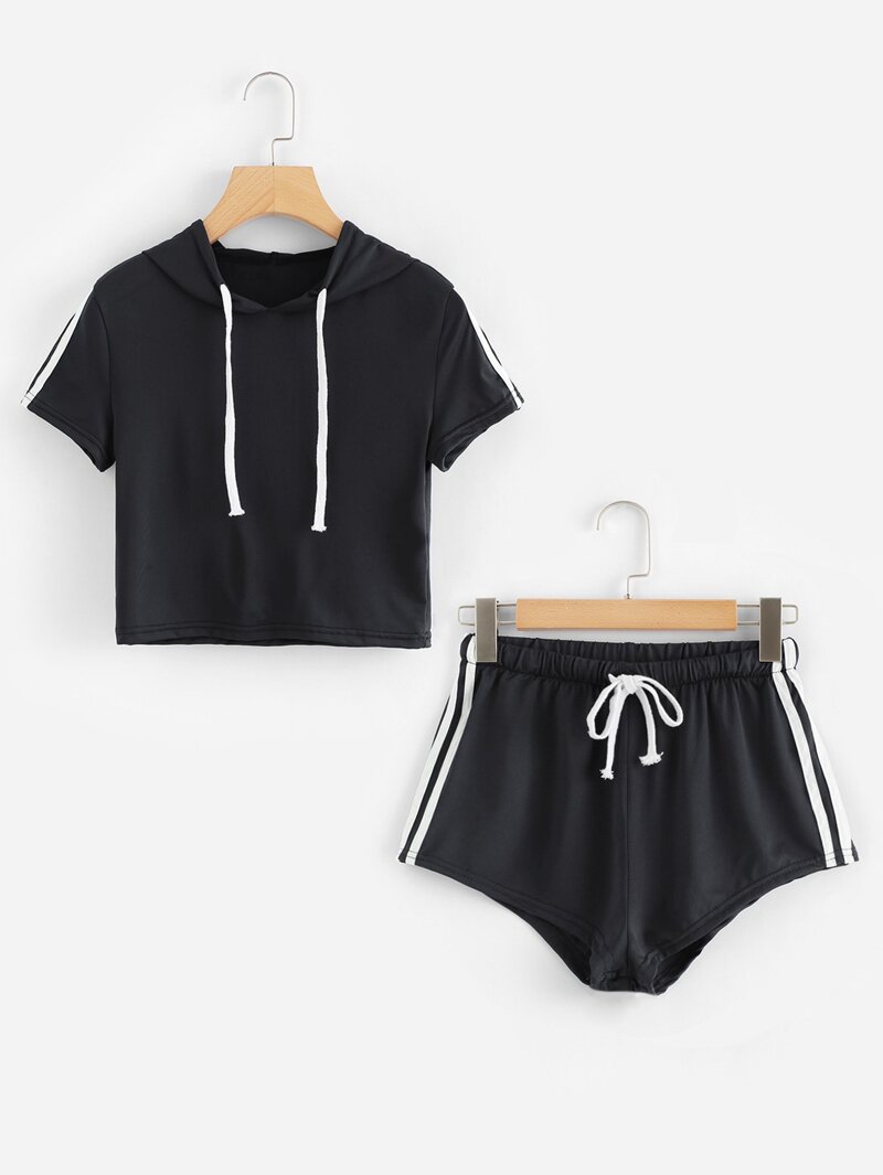 

Striped Sleeve Hooded Tee With Shorts, Black
