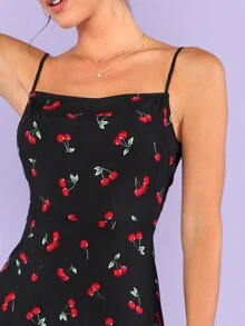 SHEIN Cherry Print Mini Cami Dress - Black - View 4