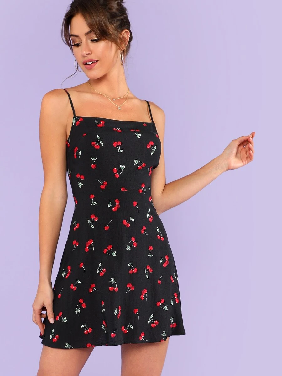 SHEIN Cherry Print Mini Cami Dress - Black - View 1