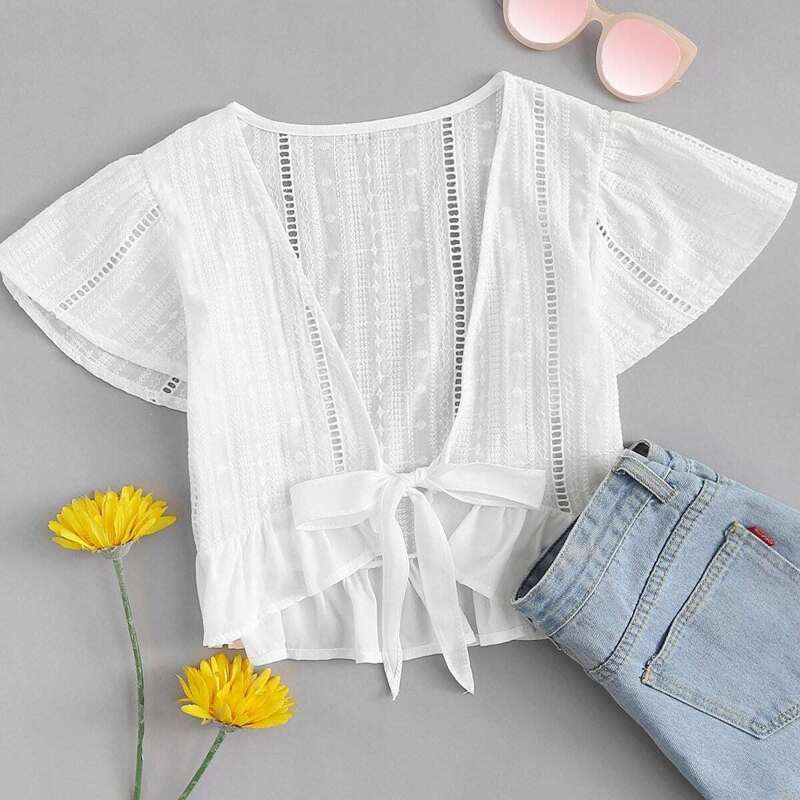 

Schiffy Eyelet Ruffle Hem Knot Top, White