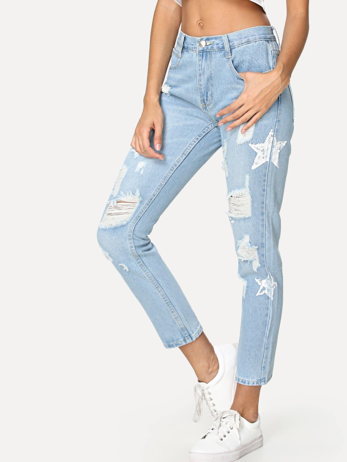 Star Pattern Ripped Jeans | ROMWE