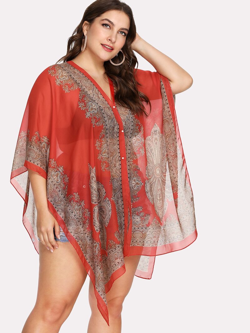 

Plus Ornate Print Chiffon Kaftan, Multicolor