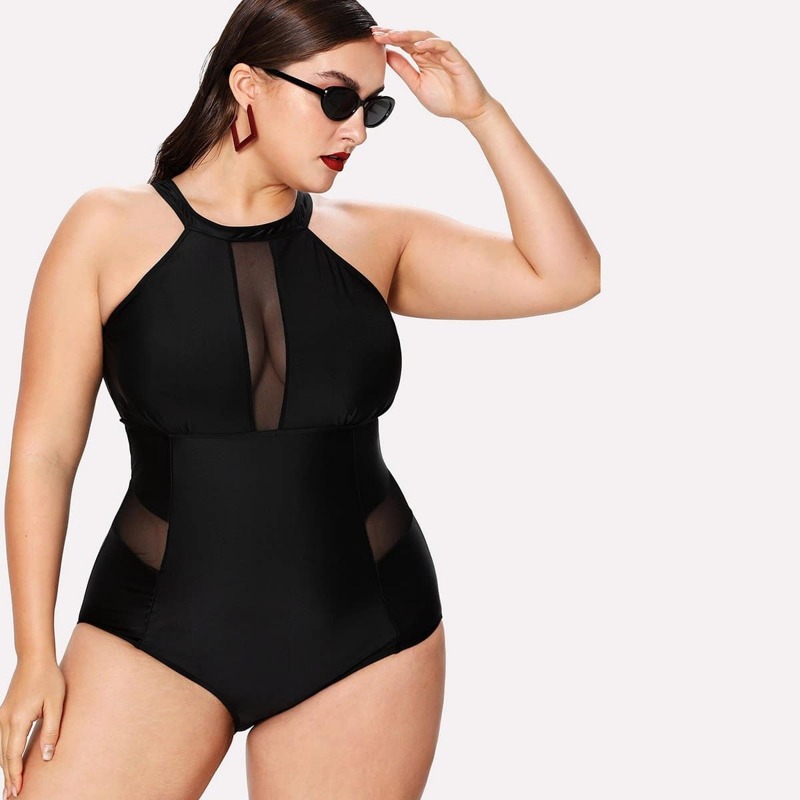 

Plus Mesh Panel High Neck One Piece Swimsuit, Black
