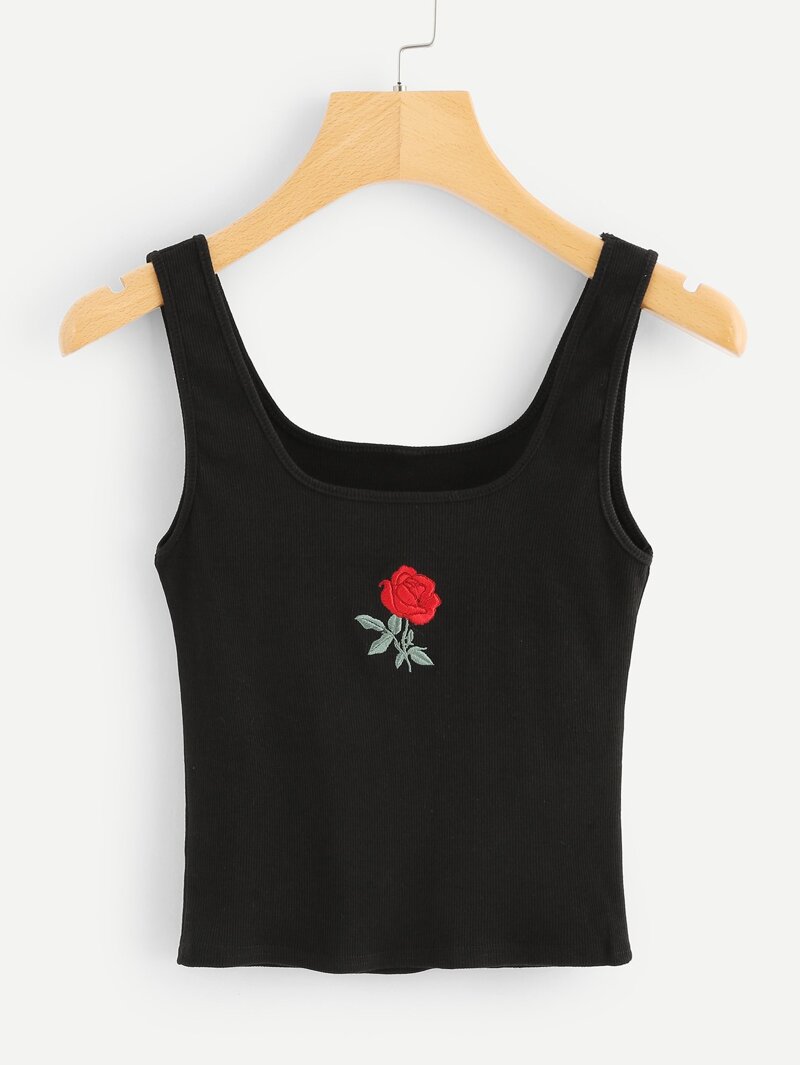 

Rose Embroidered Ribbed Knit Top, Black