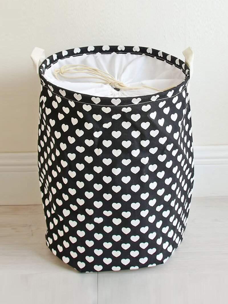 

Heart Print Drawstring Bucket Organizer, Black