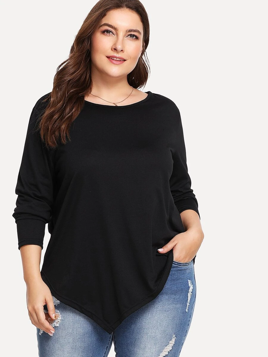 SHEIN Camiseta sólida bajo asimétrico-grande - Negro - Ver 1