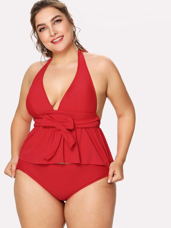 Plus Bow Tie Peplum Halter Tankini Set Plus Bow Tie Peplum Halter Tankini Set