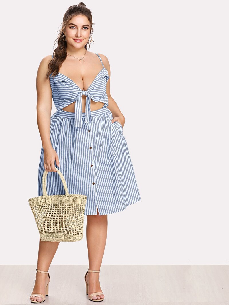 

Plus Bow Tie Front Stripe Slip Dress, Blue, Franziska