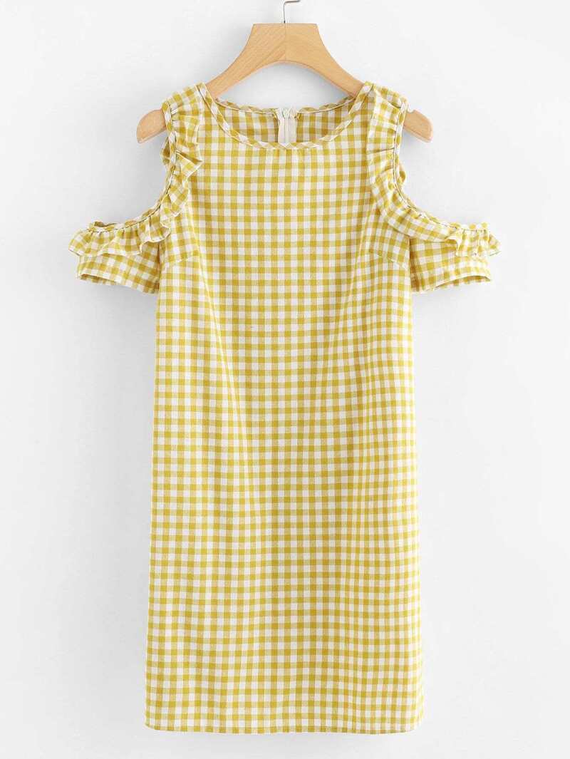 

Open Shoulder Ruffle Plaid Dress, Yellow