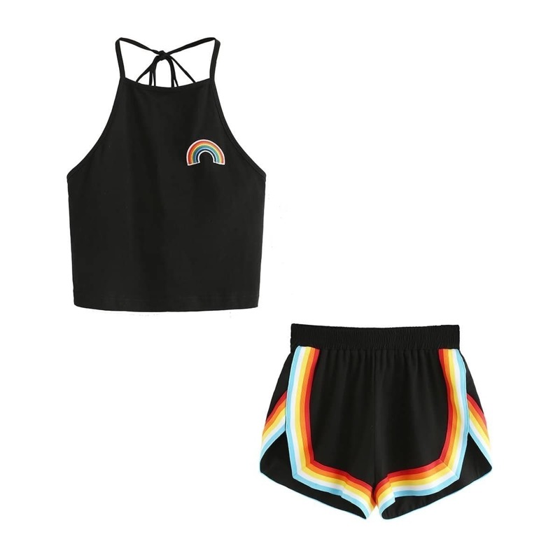 

Rainbow Patch Halter Top And Colorful Trimming Shorts Set, Grey