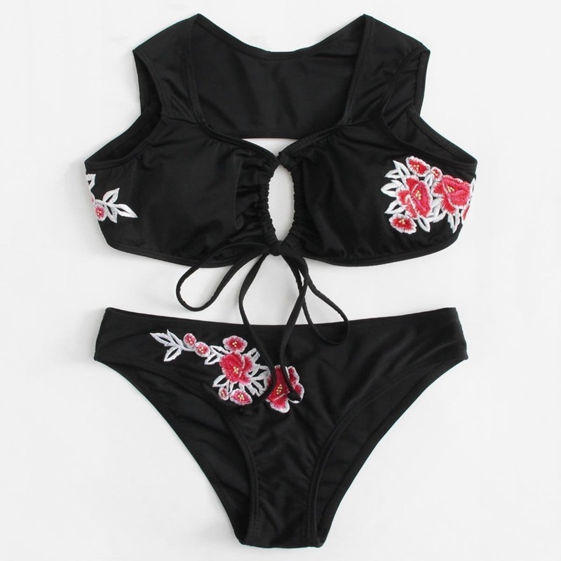 

Embroidered Flower Drawstring Bikini Set, Black