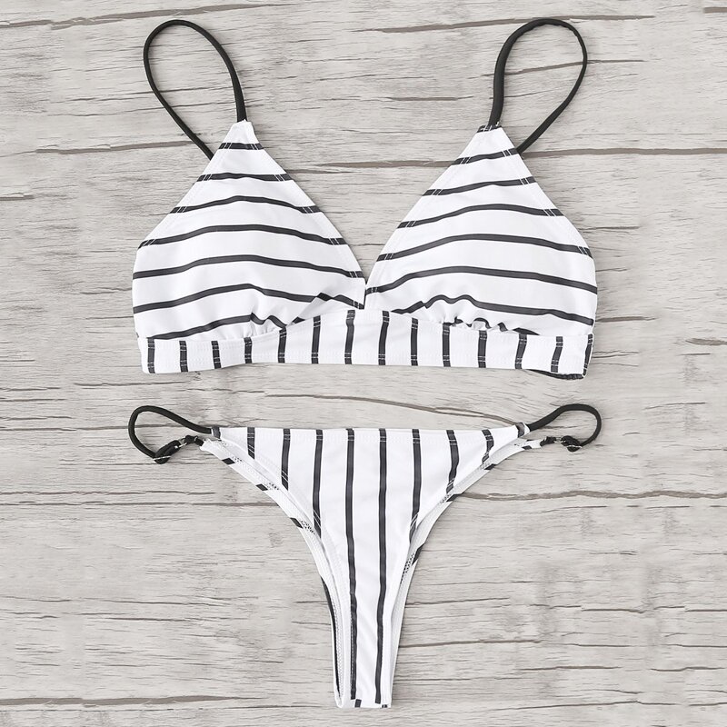 

Adjustable Straps Striped Bikini Set, Black and white