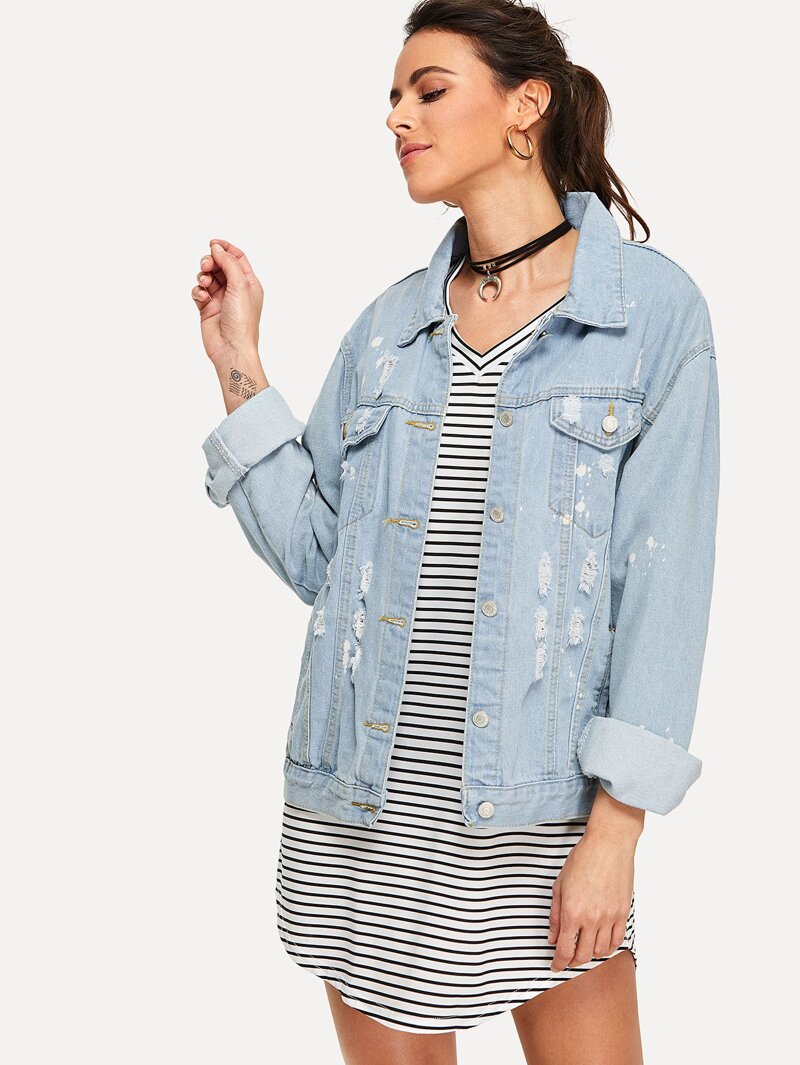 

Ripped Drop Shoulder Denim Jacket, Blue, Karla