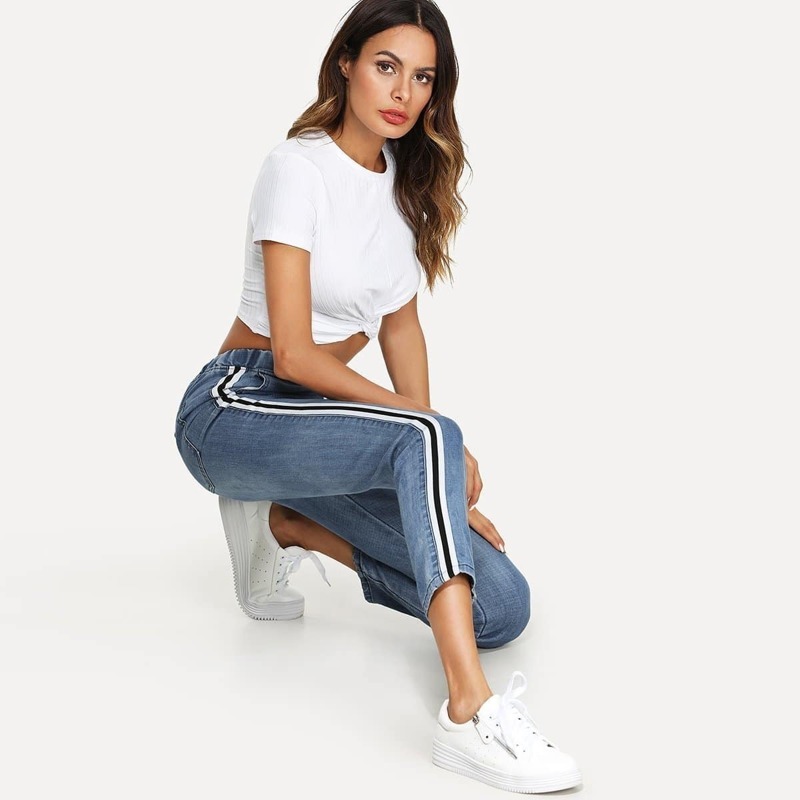 

Stripe Contrast Drawstring Waist Jeans, Blue