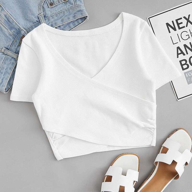 

Ribbed Knit Surplice Front Crop Tee, White