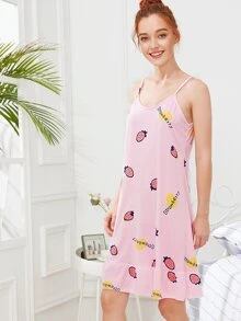 SHEIN 草莓印花吊帶連衣裙加眼罩 - 粉色 - 查看 2