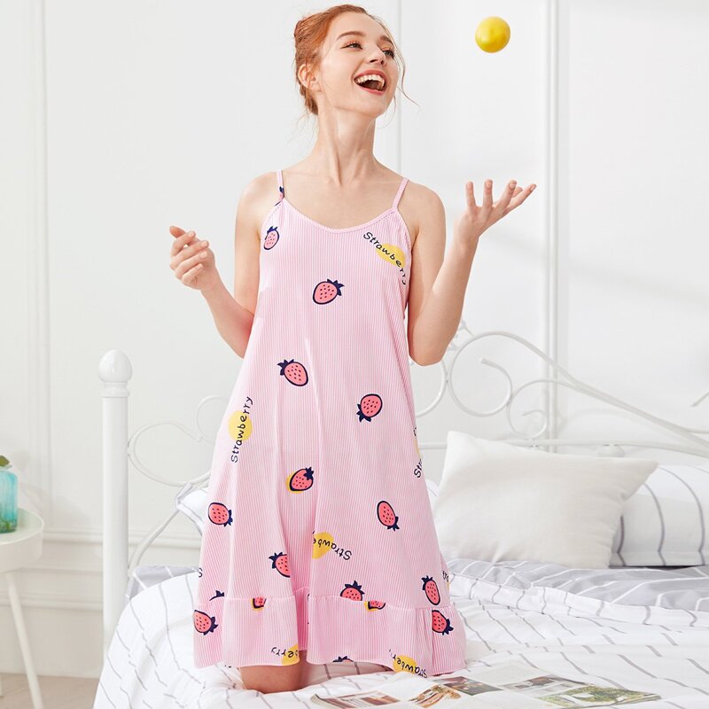 

Strawberry Print Cami Dress With Eye Mask, Pink