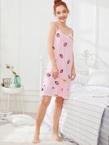 SHEIN 草莓印花吊帶連衣裙加眼罩 - 粉色 - 查看 4