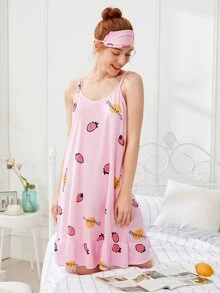 SHEIN 草莓印花吊帶連衣裙加眼罩 - 粉色 - 查看 5