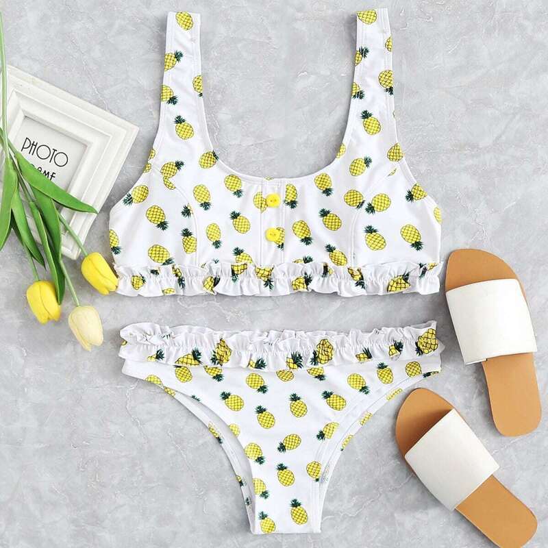 

Pineapple Print Wide Strap Top With Frill Trim Bikini Set, Multicolor