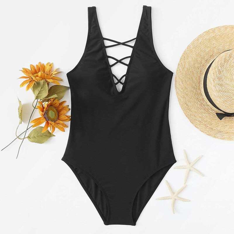 

Open Back Crisscross Plunging One-piece Swimsuit, Black