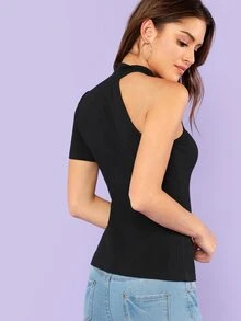 SHEIN Asymmetrical Sleeve Solid Tee - Black - View 3