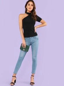 SHEIN Asymmetrical Sleeve Solid Tee - Black - View 5