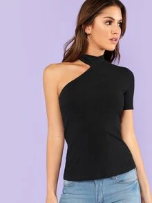 SHEIN Asymmetrical Sleeve Solid Tee - Black - View 1