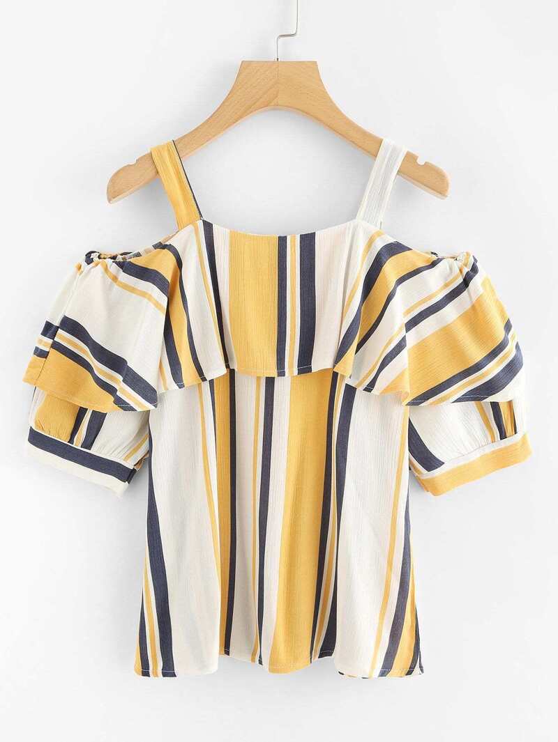 

Open Shoulder Striped Tiered Top, Yellow