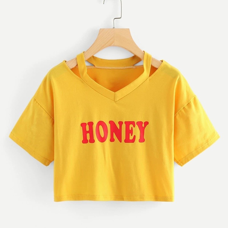 

Cut Out Neck Letter Print Crop Tee, Yellow