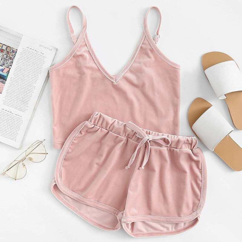 

Velvet V-Neckline Cami With Shorts, Pink