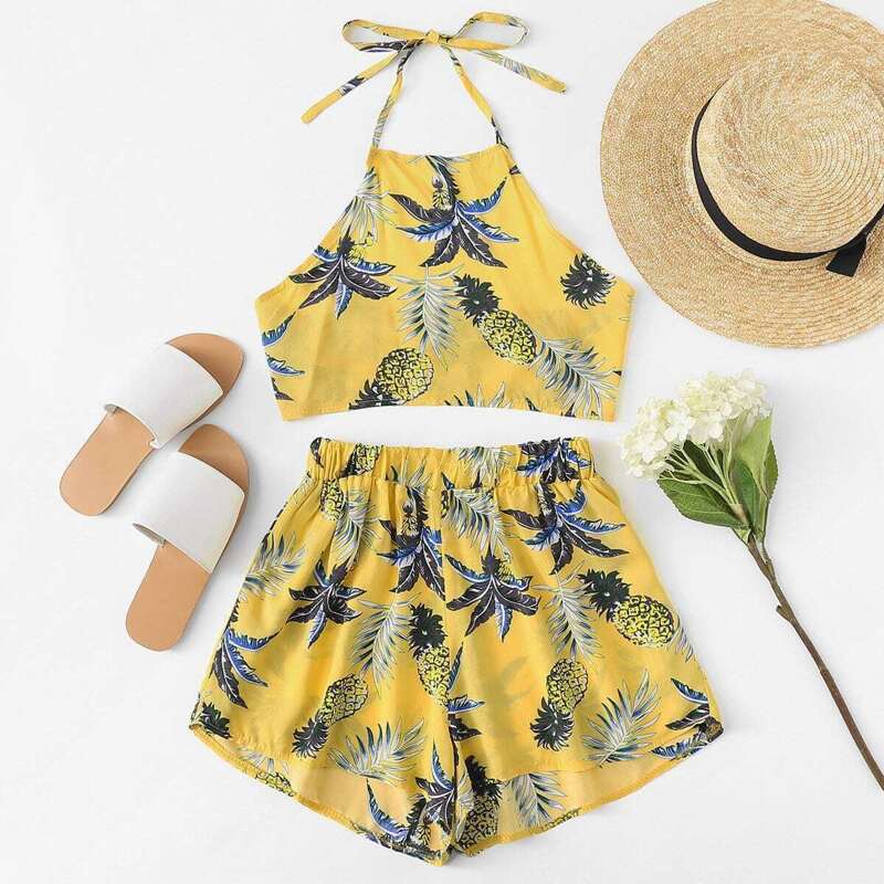 

Pineapple Print Halter Top With Shorts, Yellow