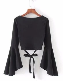 Bell Sleeve Knotted Hem Surplice Blouse - Black - View 2