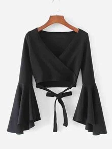 Bell Sleeve Knotted Hem Surplice Blouse - Black - View 1