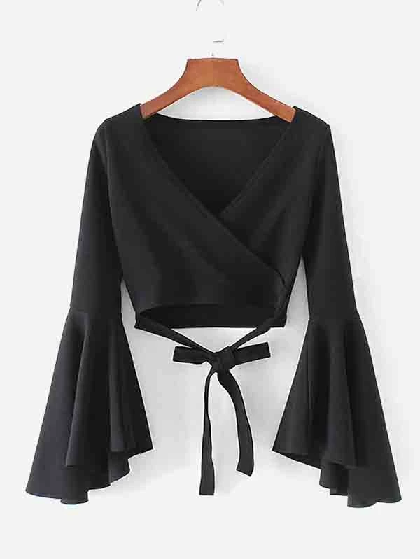 Bell Sleeve Knotted Hem Surplice Blouse - Black - View 1