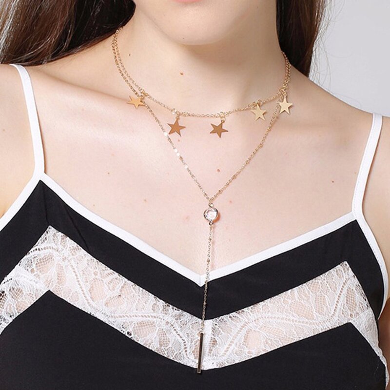 

Star Detail Double Layer Y Necklace 1pc, Gold