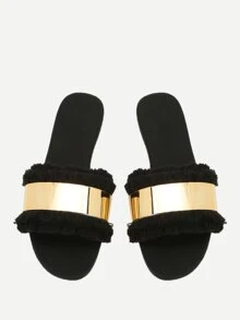 Chanclas con flecos y tira dorada - Negro - Ver 4